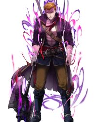 1boy abs aura axe bandaged_arm bandages battle_axe belt blonde_hair dark_aura fire_emblem fire_emblem:_the_blazing_blade fire_emblem_heroes glaring highres holding holding_axe linus_(fire_emblem) looking_at_viewer muscular muscular_male nintendo non-web_source official_alternate_eye_color official_art open_clothes open_shirt pale_skin scowl solo sword tachi-e teeth undead weapon weapon_on_back yellow_eyes 