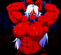  1girl abs annoyed bdsm biceps bondage bound breasts cleavage collar colored_skin cuffs demon demon_girl demon_horns dungeon flexing furrowed_brow highres horns large_breasts muscular muscular_female navel nipples obliques oc_character oni original pectorals quads red_skin restrained shackles solo sweat thighs torn_clothes veins white_hair yellow_eyes  rating:Explicit score:22 user:JeeJuBean