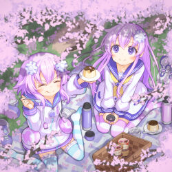  &gt;_&lt; 2girls :q absurdres arm_up bottle cherry_blossoms collarbone commentary_request cup d-pad d-pad_hair_ornament dress food hair_ornament hanami highres holding holding_cup holding_plate holding_spoon hood hooded_jacket hooded_track_jacket jacket light_blush long_hair multiple_girls neckerchief nepgear neptune_(neptunia) neptune_(series) outdoors picnic picnic_basket plate pudding purple_eyes purple_hair sailor_dress shionic_zm shoes short_hair siblings sisters sitting smile spoon striped_clothes striped_thighhighs thighhighs tongue tongue_out track_jacket unworn_shoes v_arms wariza water_bottle yellow_neckerchief 