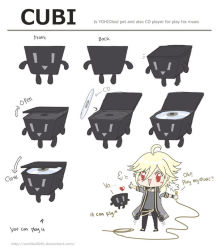  1boy :d puff_of_air ahoge back belt belt_skirt black_pants blonde_hair blush_stickers cd character_sheet chibi concept_art cubi cubi_(vocaloid) english_text floating floating_object flying full_body long_coat male_focus microphone multiple_views open_mouth pants pet ranguage red_eyes robot sartika3091 sketch smile turnaround vocaloid yohioloid  rating:Sensitive score:0 user:FDQ