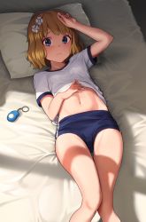  1girl absurdres arm_up bed_sheet blonde_hair blue_buruma blue_eyes buruma closed_mouth commentary_request eyebrows_hidden_by_hair feet_out_of_frame flower goback gym_shirt gym_uniform hair_flower hair_ornament highres idolmaster idolmaster_million_live! looking_at_viewer lying navel on_back on_bed pillow shirt short_hair short_sleeves solo stomach suou_momoko thigh_gap white_flower white_shirt  rating:Sensitive score:62 user:danbooru