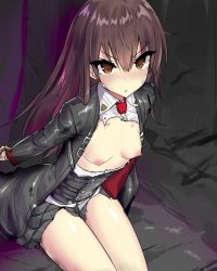 1girl black_jacket black_skirt blouse bound bound_wrists breasts brown_eyes brown_hair collared_shirt frown girls&#039;_frontline jacket long_hair necktie nipples nz75_(girls&#039;_frontline) red_necktie shirt skirt small_breasts solo torn_clothes torn_necktie torn_shirt torn_skirt try_robin_x v-shaped_eyebrows white_shirt rating:Questionable score:42 user:danbooru