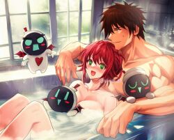  1boy 1girl bath breasts brown_hair couple green_eyes guilty_gear guilty_gear_strive happy jack-o&#039;_valentine large_breasts nude partially_submerged red_hair short_hair smile sol_badguy steam  rating:Questionable score:0 user:BopSomeElks