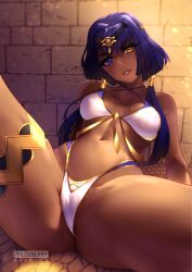  1girl absurdres artist_name bare_legs bare_shoulders bikini blue_eyes breasts brick_wall candace_(genshin_impact) dark-skinned_female dark_skin female_focus genshin_impact gold_trim hair_ornament heterochromia highres jewelry long_hair looking_at_viewer navel phloxberry purple_hair sitting smile solo spread_legs stone_floor swimsuit thighs twintails white_bikini yellow_eyes  rating:Questionable score:13 user:Hyperion62278