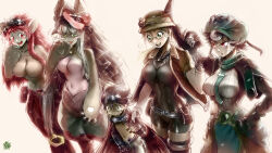  1boy 4girls age_difference aged_up breasts commentary english_commentary genderswap genderswap_(otf) highres large_breasts made_in_abyss mitty_(made_in_abyss)_(furry) multiple_girls nanachi_(made_in_abyss) navel prushka_(furry) regu_(made_in_abyss) riko_(made_in_abyss) shota size_difference the_golden_smurf 