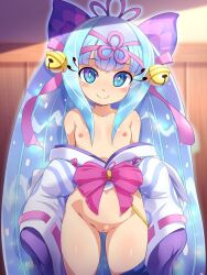  1girl bell big_hair blue_eyes blue_hair blush bow breasts bright_pupils cleft_of_venus fuurai_no_shiren hair_bell hair_bow hair_ornament hair_ribbon highres japanese_clothes jingle_bell kimono konpeto large_bow loli long_hair looking_at_viewer nipples off_shoulder paid_reward_available print_kimono purple_ribbon pussy ribbon small_breasts smile solo standing tatsumi_(fuurai_no_shiren) thighs very_long_hair white_kimono white_pupils wide_sleeves  rating:Explicit score:46 user:danbooru