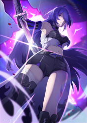  1girl acheron_(honkai:_star_rail) ahoge armpits asymmetrical_legwear bandaged_arm bandaged_leg bandages belt black_belt black_choker black_hole black_shorts boots breasts choker cleavage clenched_teeth coat coattails commentary_request criss-cross_halter detached_sleeves from_below glint glowing glowing_eye glowing_weapon hair_over_one_eye halterneck holding holding_sword holding_weapon honkai:_star_rail honkai_(series) katana knee_boots large_breasts leg_tattoo long_hair looking_at_viewer midriff mofudoufu navel partial_commentary purple_eyes purple_hair scabbard sheath shorts sidelocks single_detached_sleeve single_knee_boot single_thigh_boot solo sword tattoo teeth thigh_boots thighs twitter_username unsheathing very_long_hair weapon white_coat 