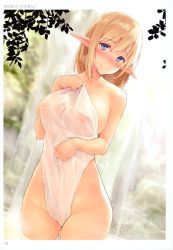  1girl absurdres bare_arms bare_shoulders blonde_hair blue_eyes blush breasts closed_mouth collarbone covered_erect_nipples covered_navel covering_privates cowboy_shot day elf embarrassed eyebrows groin hair_between_eyes hand_up highres holding kekemotsu large_breasts looking_at_viewer medium_hair naked_towel nude_cover original outdoors partially_submerged pointy_ears rock scan see-through sidelocks solo standing toranoana towel wading water waterfall wet wet_towel white_towel  rating:Questionable score:45 user:danbooru