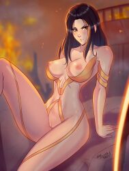  1girl absurdres accidart black_hair blurry blurry_background breasts brown_eyes cleft_of_venus female_focus highres large_breasts long_hair nipples no_bodysuit nude pussy self-upload shift_up sitting solo stellar_blade sword tachy_(stellar_blade) twitter_username weapon wide_hips  rating:Explicit score:26 user:AccidArt