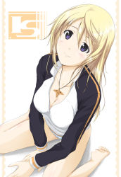  10s 1girl barefoot blonde_hair breasts charlotte_dunois cleavage eviryun face foreshortening from_above highres infinite_stratos jewelry no_pants panties pendant purple_eyes sitting smile solo underwear wariza  rating:Sensitive score:10 user:danbooru