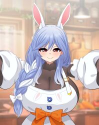  1girl absurdres animal_ear_fluff animal_ears black_bodysuit blue_hair blurry blurry_background blush bodysuit braid braided_ponytail breasts closed_mouth detached_sleeves dress gradient_hair highres hololive huge_breasts indoors long_hair looking_at_viewer mature_female multicolored_hair outstretched_arms pekomama pinafore_dress rabbit-shaped_pupils rabbit_ears rabbit_girl short_eyebrows sleeveless sleeveless_dress smile solo symbol-shaped_pupils the_only_shoe thick_eyebrows upper_body virtual_youtuber white_dress white_hair  rating:Sensitive score:34 user:danbooru