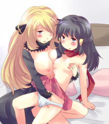  00s 2girls age_difference blonde_hair blush breasts clothes_lift creatures_(company) cynthia_(pokemon) dawn_(pokemon) fingering game_freak hair_ornament hair_over_one_eye hand_in_panties hirune_(konekonelkk) large_breasts lifting_own_clothes loli long_hair multiple_girls nintendo nipples onee-loli panties pokemon pokemon_dppt purple_eyes red_scarf scarf skirt skirt_lift small_breasts smile topless underwear yuri  rating:Explicit score:221 user:danbooru