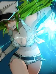  1girl apg0w0 bleach breasts candice_catnipp cleavage elbow_gloves electricity female_focus gloves green_eyes green_hair grin large_breasts long_hair looking_at_viewer matching_hair/eyes midriff military military_uniform navel quincy_(bleach) short_shorts shorts smile solo uniform  rating:Sensitive score:54 user:gabbad