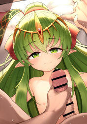  1boy 1girl absurdres age_difference bar_censor blush censored closed_mouth dot_nose erection eyebrows eyelashes fire_emblem fire_emblem:_mystery_of_the_emblem flat_chest from_above green_eyes green_hair hair_between_eyes hair_ribbon hetero highres holding_hands hondaranya loli long_hair looking_at_viewer lying male_masturbation masturbation matching_hair/eyes nintendo nipples nude on_back penis pointy_ears ponytail pov pov_hands precum red_ribbon ribbon sidelocks smile sweat textless_version tiara tiki_(fire_emblem) tiki_(young)_(fire_emblem)  rating:Explicit score:107 user:ImWastingMyLife