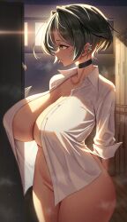  1girl absurdres anima_(togashi) arm_behind_back black_choker black_hair breasts choker cleavage closed_mouth collarbone collared_shirt ear_piercing from_side highres huge_breasts indoors locker locker_room long_sleeves mole mole_under_eye no_panties original piercing shirt short_hair solo thighs unbuttoned unbuttoned_shirt white_shirt yellow_eyes 