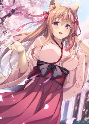  1girl :d animal_ear_fluff animal_ears arm_behind_head black_bow blue_sky bow breasts brown_hair commentary_request day flower hair_between_eyes hakama hakama_skirt hand_up highres japanese_clothes kimono long_hair long_sleeves looking_at_viewer medium_breasts mito_mashiro obi open_mouth outdoors petals pink_flower pink_kimono purple_eyes red_hakama sash skirt sky smile solo tayutama tree very_long_hair white_flower wide_sleeves yuzu_modoki 