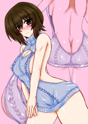  10s 1girl aran_sweater ass back backless_dress backless_outfit bare_back blue_sweater blush breasts butt_crack cable_knit cleavage closed_mouth commentary_request dress eyes_visible_through_hair from_behind girls_und_panzer hands_on_own_leg large_breasts leaning_forward light_frown looking_at_viewer meme_attire microdress multiple_views naked_sweater nishizumi_maho pink_background short_hair sideboob simple_background soushin_souma standing sweater sweater_dress turtleneck turtleneck_sweater virgin_killer_sweater 