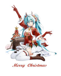  1boy 1girl absurdres antlers aqua_eyes aqua_hair argyle_clothes argyle_pantyhose argyle_thighhighs arm_up asymmetrical_legwear bag bell boots bow bowtie box breasts bright_pupils brown_bag brown_footwear christmas christmas_ornaments christmas_tree cleavage closed_mouth covered_navel deer_antlers dress dress_bow fake_antlers full_body fur-trimmed_shrug fur-trimmed_sleeves fur_trim gift gift_box gloves hair_between_eyes hair_bow hand_up hatsune_miku high_heels highres horns kelezi long_hair looking_at_viewer merry_christmas mini_person miniboy neck_bell pantyhose red_bow red_bowtie red_dress red_gloves red_shrug santa_claus short_dress short_sleeves shoulder_bag shrug_(clothing) single_leg_pantyhose single_thighhigh sitting smile solo_focus star_ornament thighhighs twintails uneven_legwear v very_long_hair vocaloid wariza white_background white_pantyhose white_pupils white_thighhighs yellow_bow yellow_bowtie 