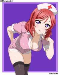  1girl absurdres alternate_costume arm_behind_back artist_name bent_over black_thighhighs border breasts cleavage dorsalecart hat highres leaning_forward looking_at_viewer love_live! love_live!_school_idol_project medium_breasts medium_hair nishikino_maki nurse nurse_cap parted_lips pink_shirt pink_shorts purple_background purple_eyes red_hair shirt short_shorts shorts skindentation smile solo thighhighs thighs white_border 