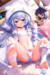 1girl absurdres animal_hood bed_sheet blue_eyes blue_hair blush bow bow_panties bra braid breasts character_doll chinese_commentary coat collar collarbone commentary_request condom condom_wrapper feet female_focus fuiba_fuyu full_body gochuumon_wa_usagi_desu_ka? hair_between_eyes hair_bow hair_ornament handheld_game_console heart_collar hehehzb highres hood hooded_coat kafuu_chino loli long_hair long_sleeves looking_at_viewer lying mixed-language_commentary navel nintendo_switch on_back paid_reward_available panties parted_lips paw_print pillow pink_bow pink_collar pom_pom_(clothes) side_braid single_braid sleeves_past_wrists small_breasts socks soles solo stirrup_legwear striped striped_coat tippy_(gochiusa) toeless_legwear toes training_bra underwear variant_set white_bow white_bra white_panties white_socks x_hair_ornament rating:Questionable score:58 user:danbooru