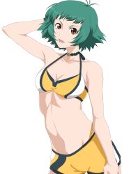 1girl bare_shoulders bikini bikini_shorts breasts cleavage cowboy_shot farah_oersted female_focus green_hair highres looking_at_viewer malzelautomata medium_breasts navel red_eyes short_hair shorts simple_background solo stomach swimsuit tales_of_(series) tales_of_eternia white_background