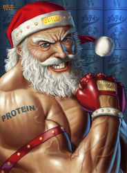  10s 1boy 2013 beard blue_eyes christmas clenched_hand facial_hair fingerless_gloves flexing gloves grin hat male_focus manly matataku merry_christmas muscular mustache old old_man red_gloves santa_claus santa_hat smile solo tattoo veins  rating:Sensitive score:10 user:danbooru