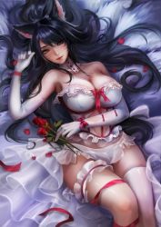  1girl ahri_(league_of_legends) animal_ears black_hair breasts cleavage detached_collar dress facial_mark female_focus flower fox_ears fox_tail frills highres large_breasts league_of_legends leg_ribbon lingerie long_hair lying on_back ribbon rose solo tail thigh_ribbon thighhighs underwear very_long_hair whisker_markings white_thighhighs yellow_eyes  rating:Sensitive score:32 user:report_yasuo_4_feed