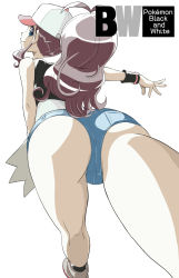  1girl ass bare_legs bare_shoulders baseball_cap black_vest blue_eyes brown_hair closed_mouth copyright_name creatures_(company) crotch_seam denim denim_shorts fisheye foreshortening from_behind from_below game_freak hand_up hat high_ponytail highres hilda_(pokemon) kneepits leaning_forward legs long_hair looking_at_viewer looking_back makoto_daikichi nintendo outstretched_arm outstretched_leg pocket pokemon pokemon_bw shirt short_shorts shorts sidelocks sideways_glance simple_background sleeveless sleeveless_shirt smile solo standing standing_on_one_leg thighs vest white_background white_shirt wristband  rating:Sensitive score:61 user:danbooru