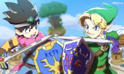  2boys armor artist_request blonde_hair brown_hair cape circlet dragon_quest dragon_quest_iii earrings gloves hanauna hat hiyama_nobuyuki hylian_shield jewelry link male_focus master_sword multiple_boys nintendo pointy_ears roto_(dq3) shield short_hair simple_background super_smash_bros. sword tabard the_legend_of_zelda the_legend_of_zelda:_ocarina_of_time voice_actor_connection weapon 