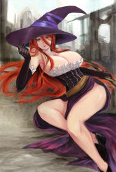  1girl blue_eyes breasts cleavage dragon&#039;s_crown elbow_gloves gloves hat huge_breasts korarako large_breasts legs long_hair long_legs red_hair sash solo sorceress_(dragon&#039;s_crown) staff thighs witch_hat  rating:Sensitive score:31 user:Chi-dmc