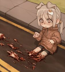  1girl absurdres accident animal_ears bike_shorts blood dog_ears dog_girl egg_hair_ornament exposed_bone exposed_muscle food-themed_hair_ornament funny_(syrupmelty) grey_eyes grey_hair guro hair_ornament highres hood hoodie looking_down original parted_lips road self-harm_scar severed_leg severed_limb sitting solo sweat syrupmelty tearing_up  rating:Explicit score:4 user:danbooru