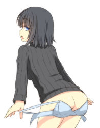  1girl ass black_hair blue_eyes bottomless bra bra_on_ass character_request copyright_request from_behind ribbed_sweater simple_background solo sweater tori_(minamopa) underwear wardrobe_error you&#039;re_doing_it_wrong 