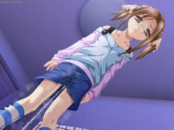  1girl brown_eyes brown_hair clothes collarbone empty_eyes jpeg_artifacts loli long_sleeves peeing peeing_self skirt sleeves_past_wrists socks solo source_request striped_legwear  rating:Questionable score:23 user:skn