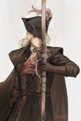  1girl artist_name ascot blonde_hair blood bloodborne brown_cape brown_gloves cape closed_mouth commentary covering_one_eye eyelashes gloves green_eyes hat hat_feather highres holding holding_sword holding_weapon lady_maria_of_the_astral_clocktower rakuyo_(bloodborne) rashuu solo sword tricorne upper_body weapon white_ascot white_background 