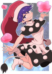 1girl :3 blush border cow_tail doremy_sweet dress hat highres kurachi_mizuki looking_at_viewer nightcap outstretched_arms pom_pom_(clothes) purple_eyes purple_hair red_hat short_hair socks solo tail touhou white_border white_dress white_socks 