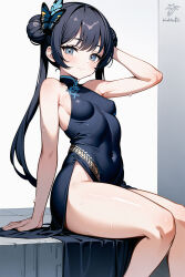  1girl ai-assisted bare_legs bare_shoulders black_dress black_eyes black_hair bladetea blue_archive breasts chair china_dress chinese_clothes double_bun dress hair_bun half-closed_eyes highres kisaki_(blue_archive) sitting small_breasts solo sweat thighs 