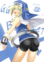1boy arc_system_works ass bare_shoulders bike_shorts blonde_hair blue_eyes blush bridget_(guilty_gear) fang fingerless_gloves from_behind gloves guilty_gear habit highres hijiki_meshi long_hair male_focus nun open_mouth shiny_clothes shiny_skin shota simple_background solo standing striped striped_background trap rating:Questionable score:27 user:armorcrystal