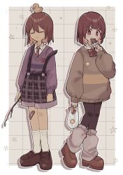  2others =_= absurdres adapted_costume animal animal_on_head bag bandaid bandaid_on_knee bandaid_on_leg bird bird_on_head black_pantyhose bow bowtie brown_eyes brown_footwear brown_hair chara_(undertale) chocolate closed_mouth collared_shirt colored_inner_hair deformed duck eating flower food frisk_(undertale) full_body grey_background grey_leg_warmers grey_sweater heart highres holding holding_bag holding_chocolate holding_food holding_stick kneehighs light_blush loafers long_sleeves multicolored_hair multiple_others necktie no_pants on_head outline outside_border pantyhose patterned_background plaid plaid_shorts puffy_long_sleeves puffy_sleeves purple_shorts purple_sweater red_bow red_bowtie red_necktie shadow shirt shoes short_hair shorts skn_1027 smile socks star_(symbol) stick striped_clothes suspender_shorts suspenders sweater tareme undertale walking white_outline white_shirt white_socks 