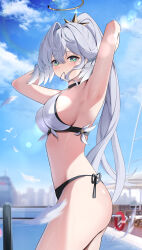  1girl absurdres armpits bikini bird black_bikini blue_sky breasts bright_pupils cloud commentary_request cowboy_shot feathers green_eyes hair_between_eyes hair_intakes hair_tie_in_mouth halo head_wings high_ponytail highres honkai:_star_rail honkai_(series) jewel_under_eye large_breasts light_blush long_hair looking_at_viewer mouth_hold o-ring o-ring_top outdoors presenting_armpit robin_(honkai:_star_rail) side-tie_bikini_bottom sideboob sky solo standing swimsuit white_bikini white_bird white_feathers white_pupils wings yeni1871 