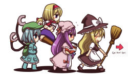  4girls alice_margatroid ame_(candycircle) apron arrow_(symbol) backpack bag black_skirt blonde_hair blue_dress blue_eyes blue_hair blush book boots bow broom capelet closed_mouth commentary doll dress flat_cap flying_sweatdrops frilled_hairband frills green_bag green_headwear hair_bobbles hair_bow hair_ornament hairband hat hat_bow holding holding_book holding_broom kawashiro_nitori kirisame_marisa lolita_hairband long_hair mob_cap multiple_girls open_mouth patchouli_knowledge purple_eyes purple_hair red_bow red_hairband rubber_boots shadow shanghai_doll shoes short_hair short_sleeves skirt smile striped_clothes striped_dress subterranean_animism touhou vertical-striped_clothes vertical-striped_dress very_long_hair waist_apron white_bow white_capelet witch_hat 
