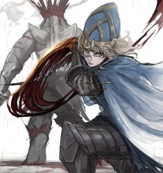  1girl 1other armor blonde_hair blood blue_cape blue_headwear cape capra_demon creature dark_souls_(series) dark_souls_i from_side guro helmet highres holding holding_sword holding_weapon long_hair long_sleeves looking_at_viewer lord&#039;s_blade_ciaran mask on_one_knee satsu-strive shiny_clothes simple_background solo_focus sword weapon white_background 