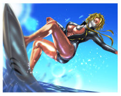  1girl abs absurdres ass bleach blonde_hair blue_sky blurry bodysuit border breasts colored_eyelashes commentary covered_mouth curvy dark-skinned_female dark_skin day depth_of_field diving_suit floating_hair green_eyes highres keke_(akuringo731) large_breasts light_particles long_hair long_sleeves looking_down mask mouth_mask open_wetsuit outdoors outstretched_arm skindentation sky solo spiked_hair surfing thighs tier_harribel water_drop wet wetsuit white_border zipper 