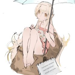  1girl absurdres bakemonogatari bare_legs bare_shoulders barefoot blonde_hair box camisole cardboard cardboard_box constricted_pupils english_text feet for_adoption hair_between_eyes highres holding holding_umbrella homeless in_box in_container knees_up long_hair monogatari_(series) off_shoulder oshino_shinobu pastry_box pink_camisole poverty pursed_lips shishirui_san sign thighs toes transparent transparent_umbrella umbrella very_long_hair water_drop wet white_background yellow_eyes  rating:General score:7 user:danbooru