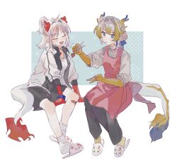  2girls :o absurdres alternate_costume ankle_socks apron aqua_eyes arknights bandaid bandaid_on_knee bandaid_on_leg black_pants black_shorts blonde_hair border chinese_commentary chopsticks closed_eyes colored_extremities commentary_request dragon_girl dragon_horns dragon_tail full_body grey_hair grey_jacket grey_shirt grey_socks hair_intakes hand_up highres holding holding_chopsticks horns invisible_chair jacket kemono_(fukanasumi) multiple_girls nian_(arknights) open_clothes open_jacket open_mouth outside_border pants parted_lips pink_apron pointy_ears shirt short_hair shorts shu_(arknights) sitting sketch sleeves_pushed_up slippers socks t-shirt tail white_border 