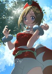  1girl absurdres blonde_hair blue_eyes blue_sky closed_mouth cloud commentary_request creatures_(company) eyelashes from_below game_freak highres irida_(pokemon) looking_at_viewer medium_hair mikan_(mikan_no_happa) nintendo pokemon pokemon_legends:_arceus red_shirt shirt shorts sky smile solo strapless strapless_shirt sunlight white_shorts 