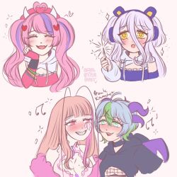 4girls ahoge apricot_the_lich apricot_the_lich_(8th_costume) blush breasts demon_girl demon_horns flat_color green_eyes headphones henya_the_genius highres hood hoodie horns ironmouse matara_kan matara_kan_(1st_costume) monster_girl multiple_girls pink_hair red_eyes twintails vshojo yellow_eyes