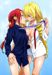 10s 2girls absurdres bare_legs black_shirt blonde_hair blue_background blue_shirt bottomless bozes_co_palesti braid breasts brown_eyes buttons circlet collarbone collared_shirt couple cowboy_shot dress_shirt drill_hair earrings eye_contact female_focus friends gate_-_jieitai_ka_no_chi_nite_kaku_tatakaeri grin hair_between_eyes half_updo holding_hands hand_on_another&#039;s_leg highres imminent_kiss interlocked_fingers jewelry large_breasts legs lips lipstick long_hair long_sleeves looking_at_another makeup medium_breasts multiple_girls naked_shirt neck nyantype official_art open_clothes open_mouth open_shirt parted_lips pina_co_lada_(gate) red_eyes red_hair red_lips seductive_smile shirt simple_background single_braid smile standing twin_drills unbuttoning undressing untying very_long_hair white_shirt yuri rating:Questionable score:115 user:danbooru