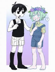  2boys ? absurdres basil_(headspace)_(omori) basil_(omori) black_eyes black_hair black_socks black_tank_top blue_overalls closed_mouth collarbone collared_shirt colored_skin green_eyes green_hair head_wreath highres holding holding_spoon kageimo kneehighs licking_lips looking_at_another multiple_boys nervous_sweating omori omori_(omori) open_mouth overalls shirt short_hair short_sleeves socks spoken_question_mark spoon sweat tank_top tongue tongue_out twitter_username white_skin yellow_shirt 