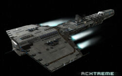  3d acxtreme artist_name battleship_(eve_online) caldari_state_(eve_online) cannon commentary concept_art dark_background energy_cannon eve_online flying glowing grey_theme highres military_vehicle no_humans original outdoors radar_dish radio_antenna realistic science_fiction space spacecraft star_(symbol) starry_background thrusters turret vehicle_focus  rating:General score:1 user:danbooru