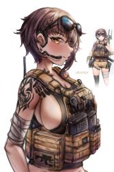 1girl ammunition_pouch artist_name bandaged_arm bandages blush breasts brown_hair cleavage closed_mouth colycycle delta_(nikke) eyewear_on_head goddess_of_victory:_nikke large_breasts load_bearing_vest nose official_art_inset pouch short_hair shoulder_tattoo sideboob smile sunglasses tactical_clothes tattoo vest weapon yellow_eyes